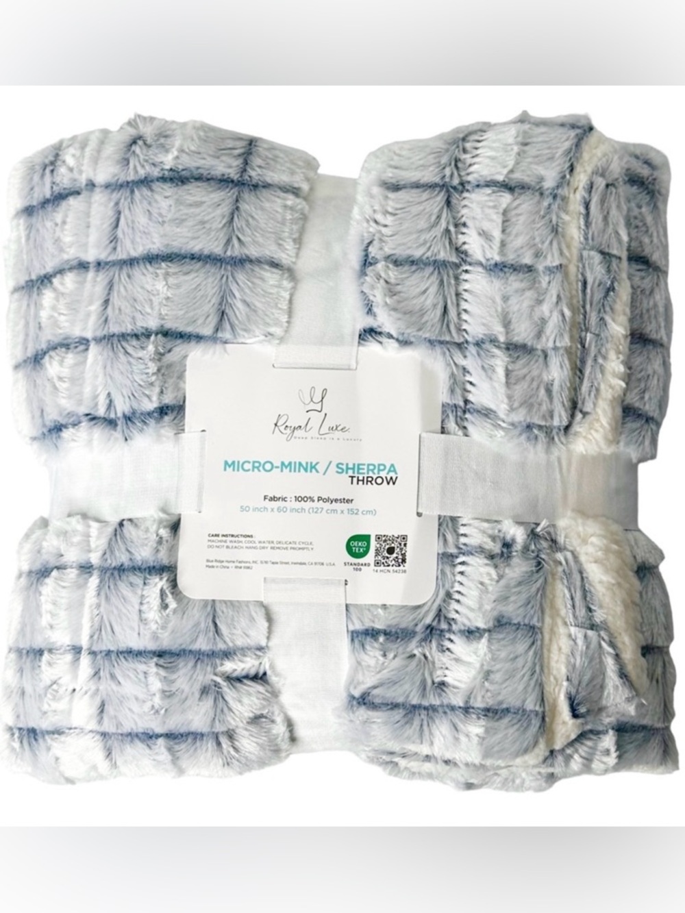 Royal Luxe Blanket 50”x60” Blue Super Soft Plush Sherpa Throw Micro-Mink